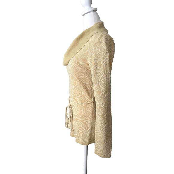 Vintage Y2K Gold Metallic Knit Top S Jacquard Cowl Neck Tie Belt 70s 90s Elegant - Picture 6 of 15